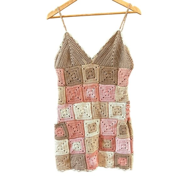 Bohemian Women's Handmade Pink Beige Cream Crocheted Dress Granny Squares Unique - Picture 1 of 3